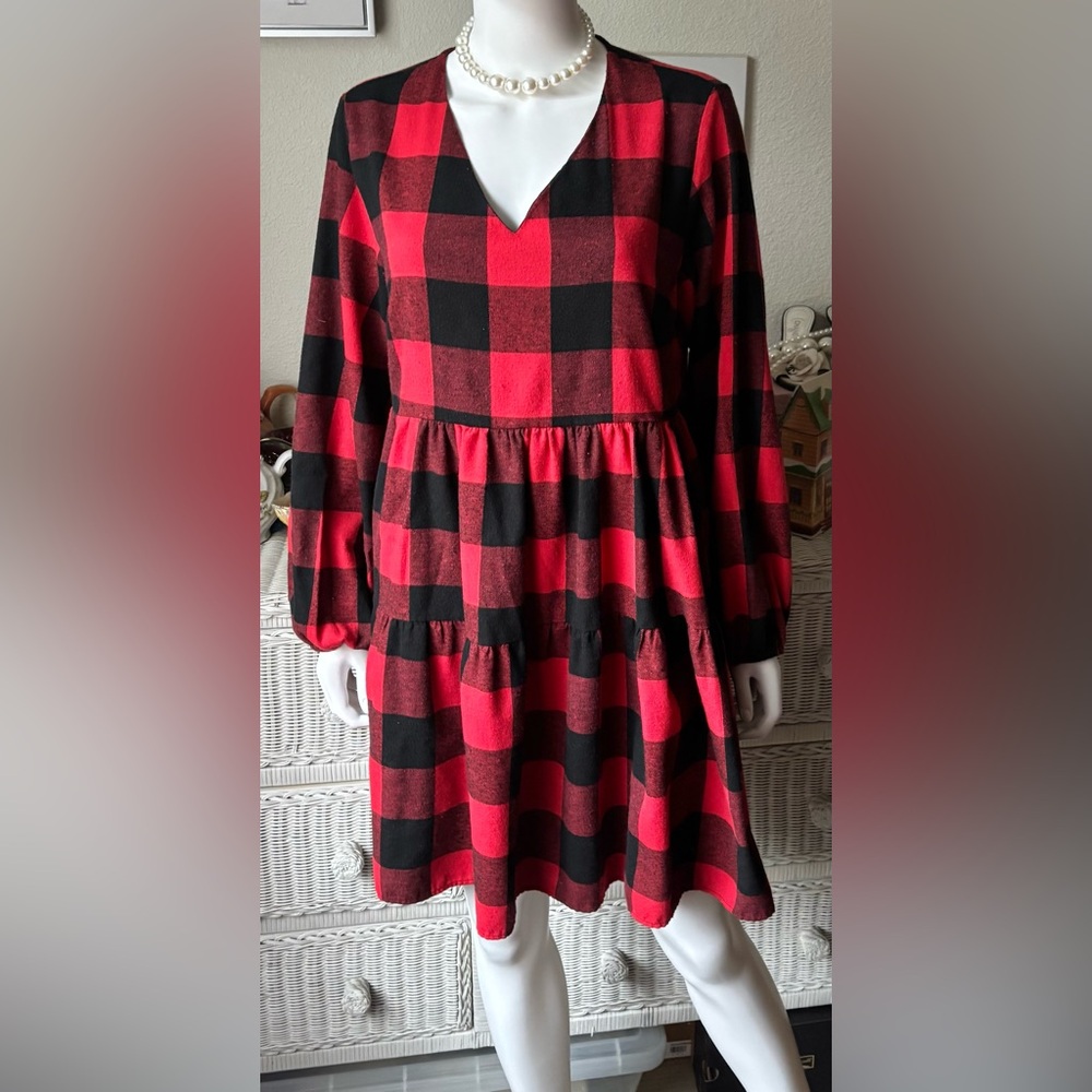 Vintage 1960’s Flannel Cotton Shirt Waist Dress Buffalo Check Black & Red Size M